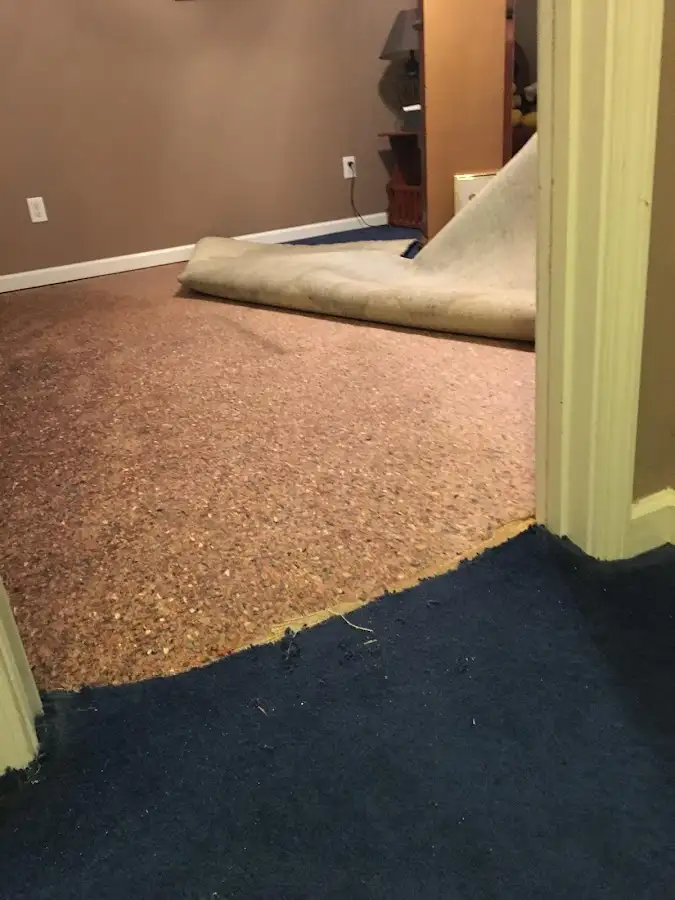 Carpet pad removal revealing water damage during Water Mitigation Services in Rio del Mar